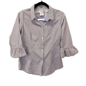 Gretchen Scott Priss Button Up Shirt Top Blue & White Striped Preppy Classy Sz S